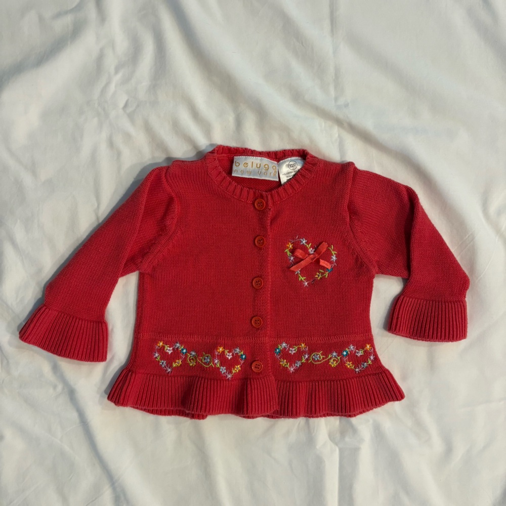 Beluga New York Girl’s Embroidered Ruffled Cardigan Red Size 12M *See Desc EUC
